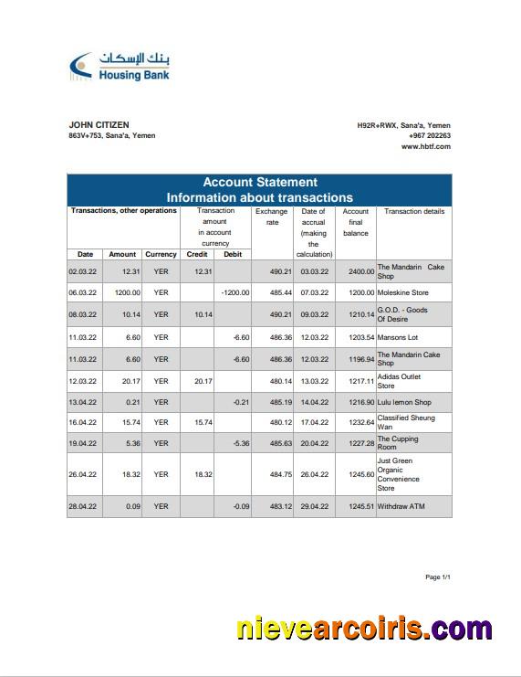 Yemen Housing bank statement, Excel and PDF